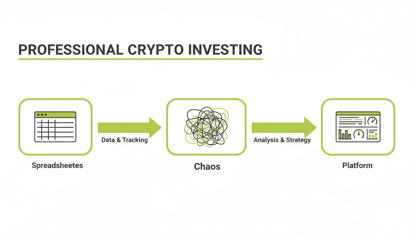 A diagram illustrating the professional crypto investing journey from spreadsheets to a comprehensive platform.