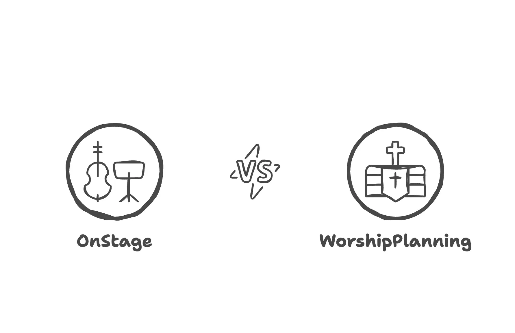 Iconos de comparación de OnStage frente a WorshipPlanning con un violín y un atril frente a un escudo de iglesia