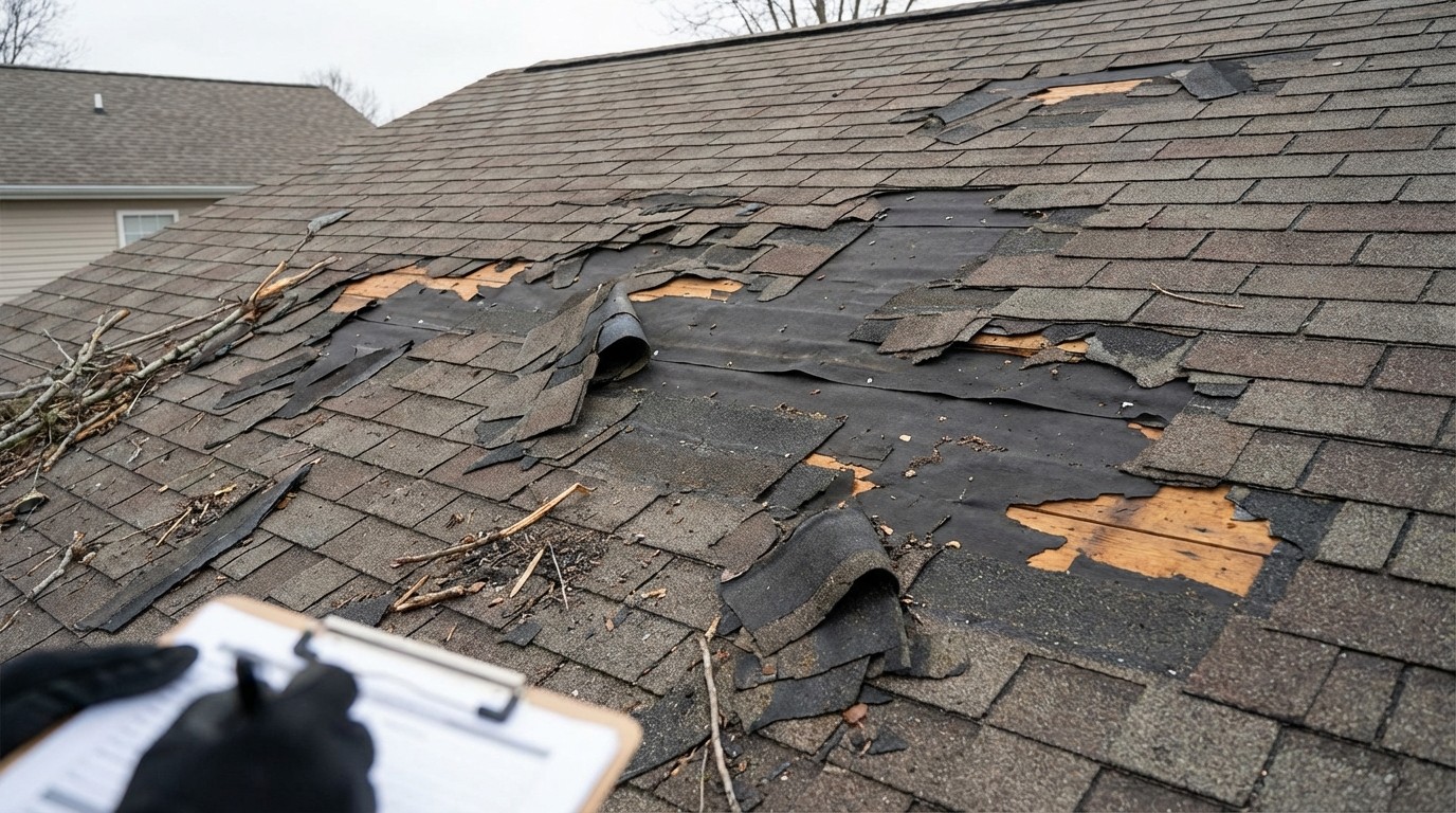 Wind damage to roof showing missing shingles and exposed underlayment