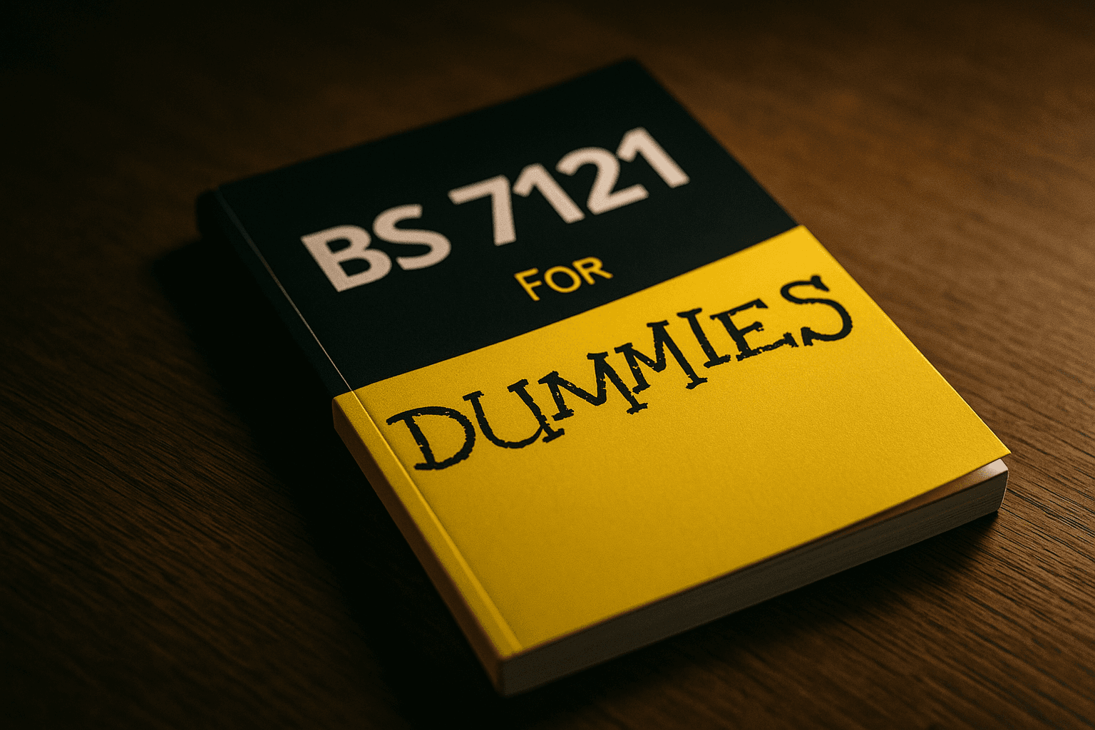 A book on a wodden office table that reads "BS7121 For Dummies"