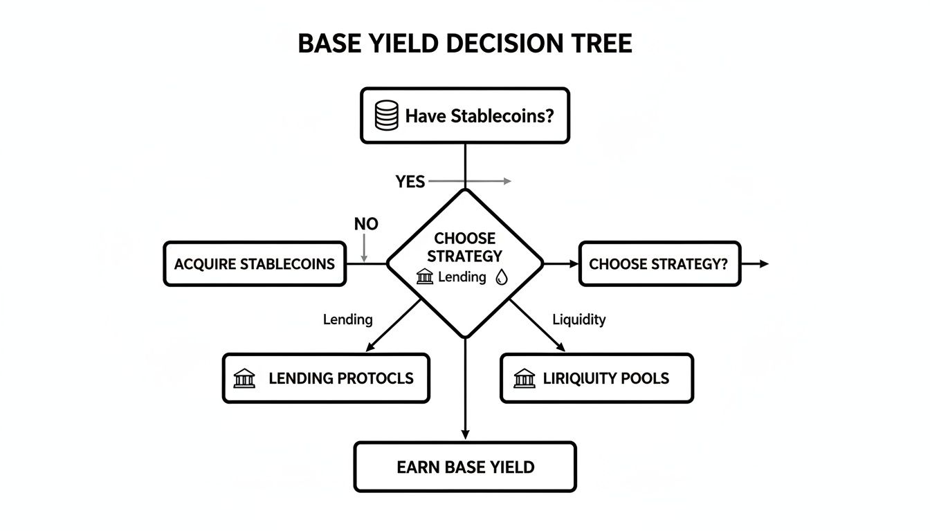 Flowchart illustrating a Base yield decision tree for stablecoins, focusing on lending and liquidity strategies.