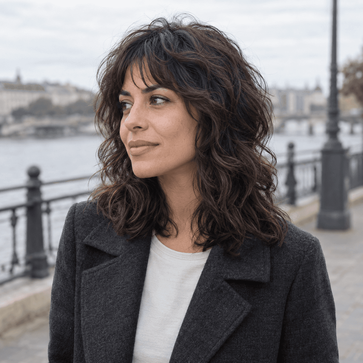 Shag souple sur cheveux ondulés, avec des mèches étagées et une frange légère