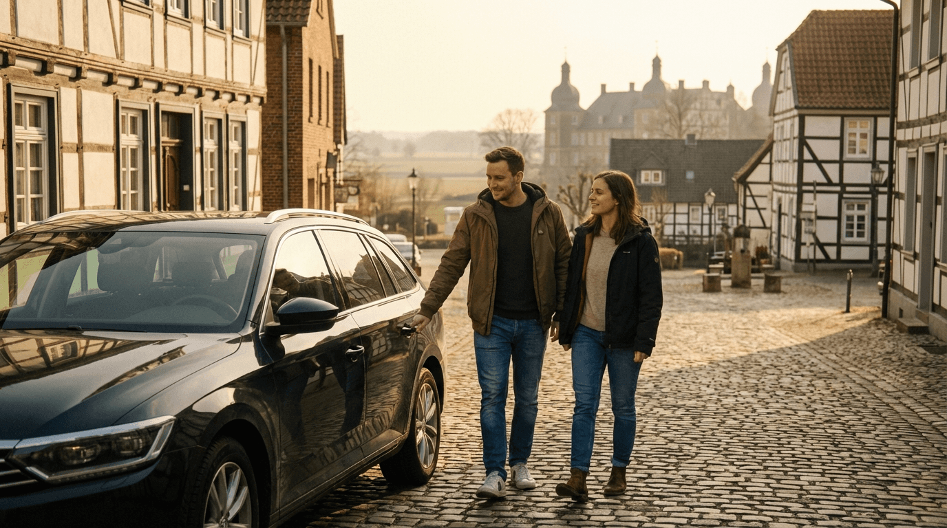 two people looking at a tablet and smiling