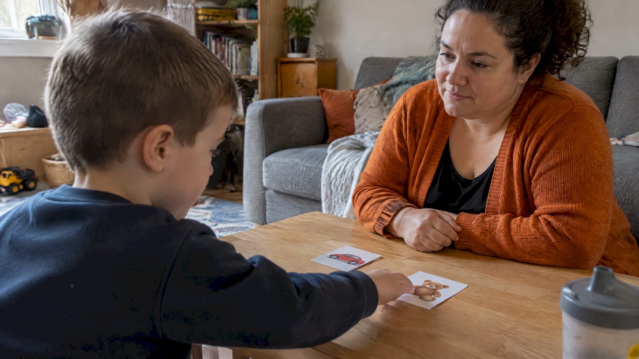 Parent and child using picture cards together at home