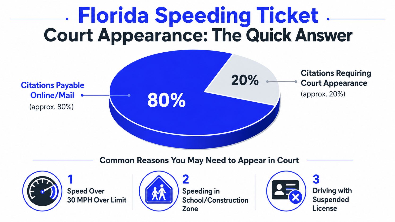 A pie chart displaying that 80% of Florida speeding tickets are payable while 20% require court appearances.