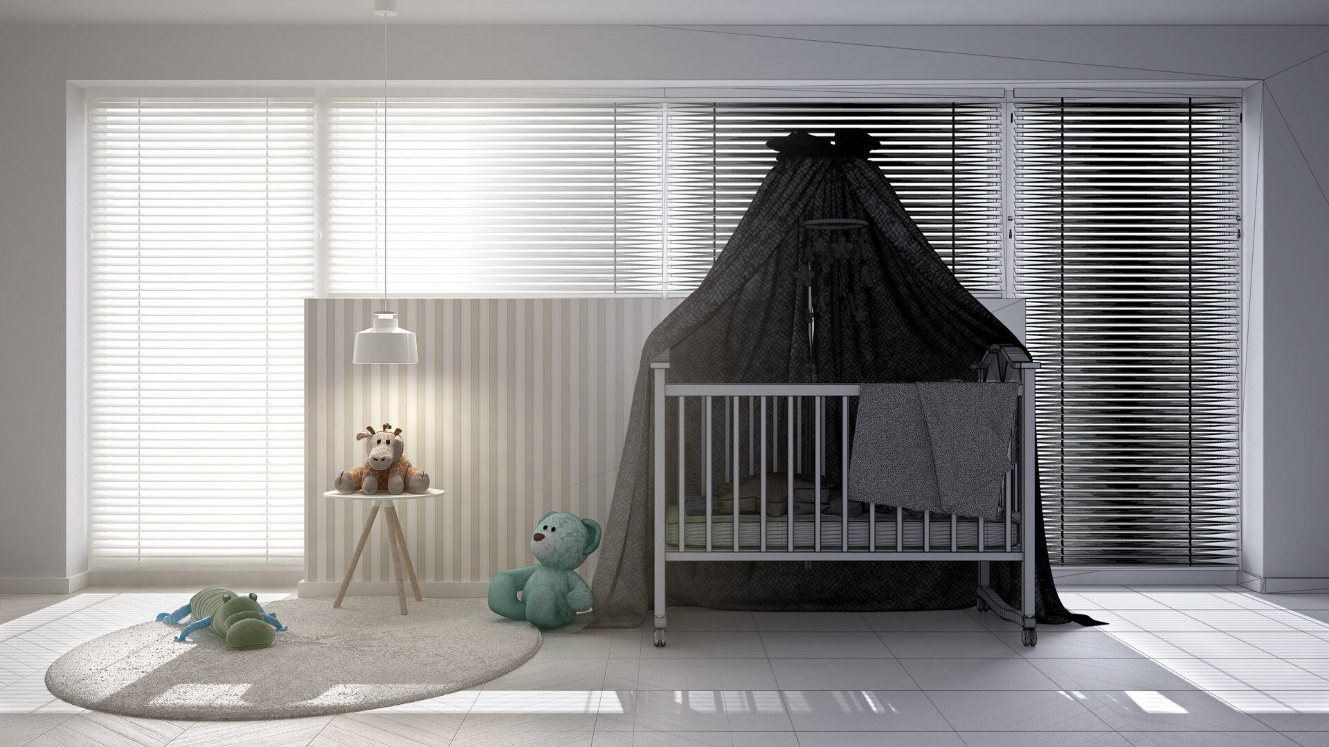 Venetian blinds in a Scandinavian style nursery. Wholesale Blind Factory. 