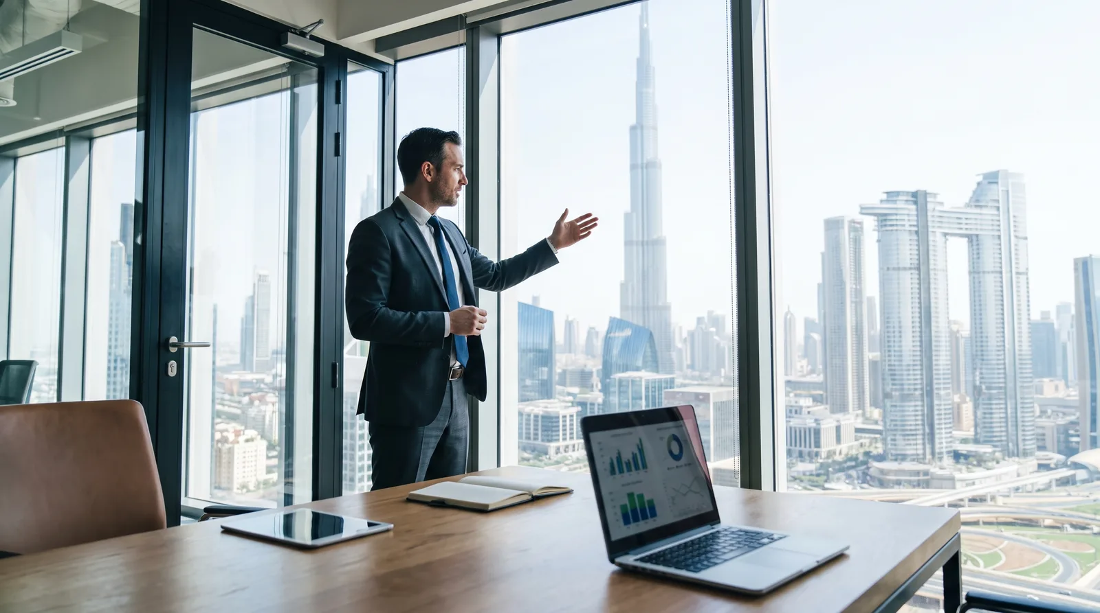 American founder planning a Dubai company setup at a modern desk with the skyline behind