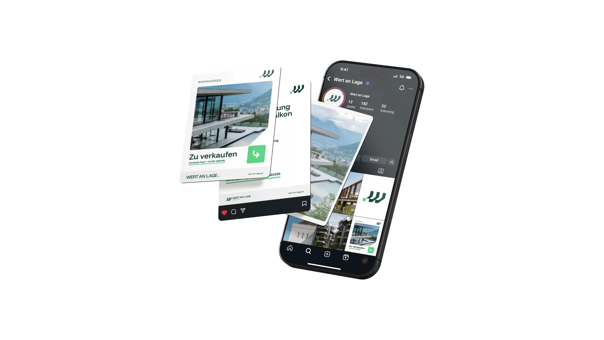 Ein Bild einer Vorlage für Immobilien-Posts, als Werbung oder im Feed für Instagram.
