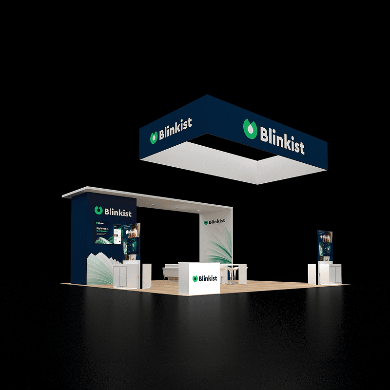 30x30 product presentation booth with lead capture, storage, and open visitor circulation