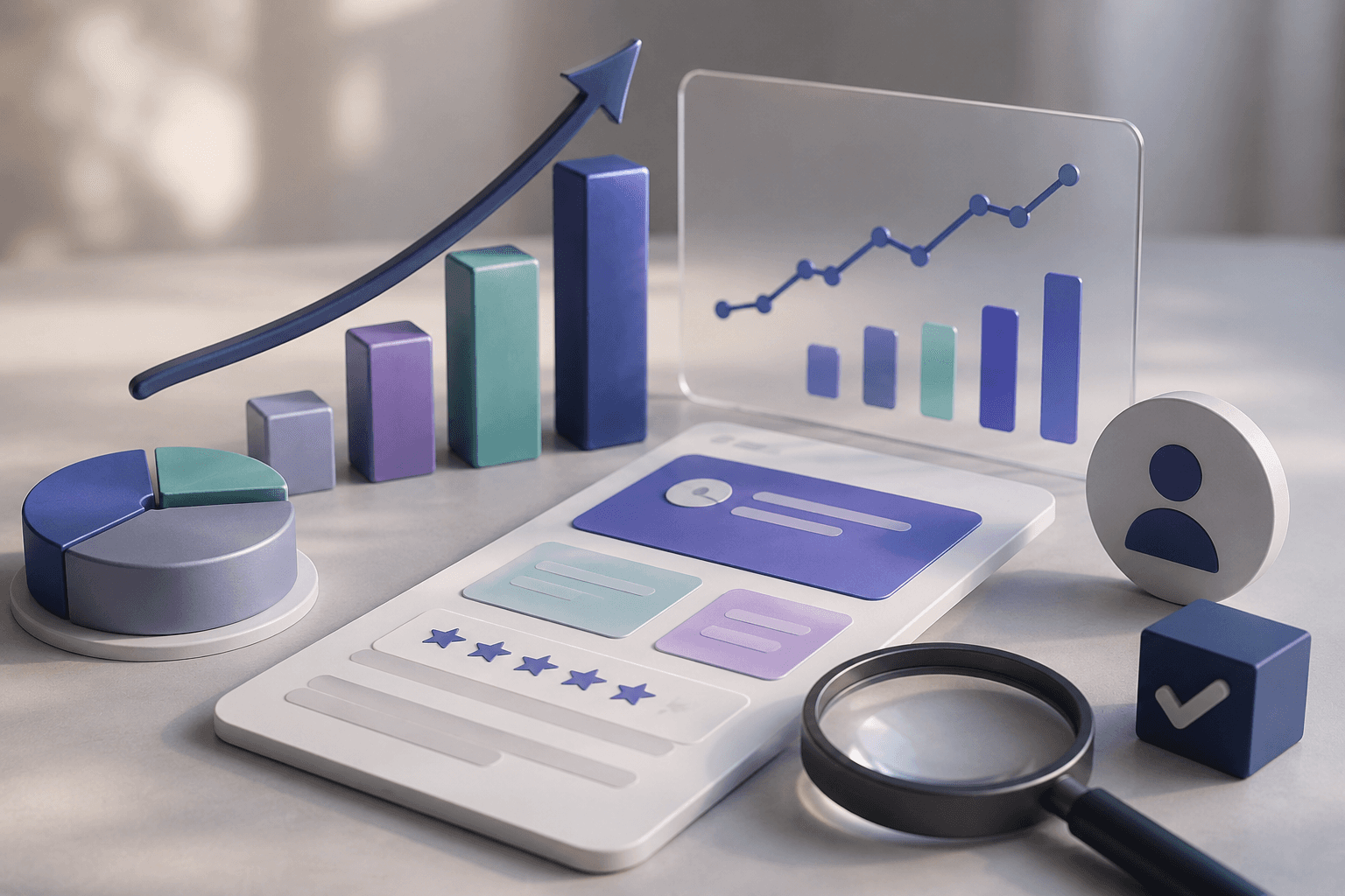 3D product design analytics scene with charts, growth metrics, user feedback, and a magnifying glass representing product design success measurement.