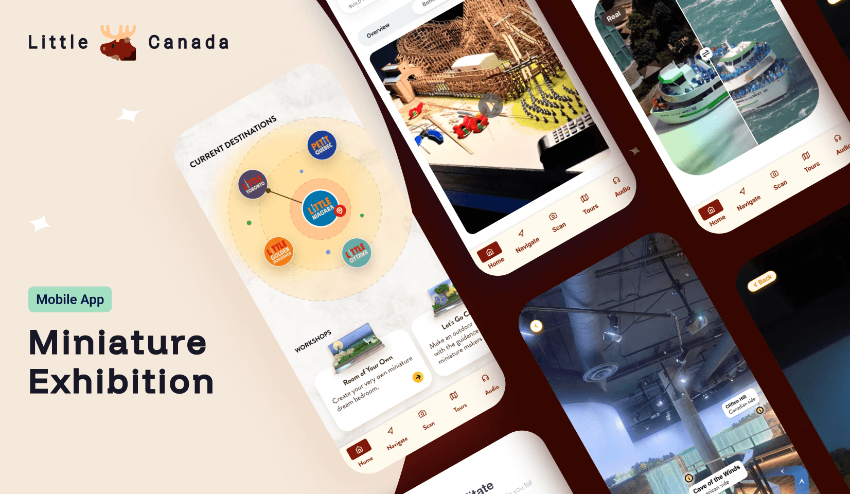 Four UI badges listing the core application features: Education Value, Location-based audio, Compare miniature vs reality, and Behind-the-scene process