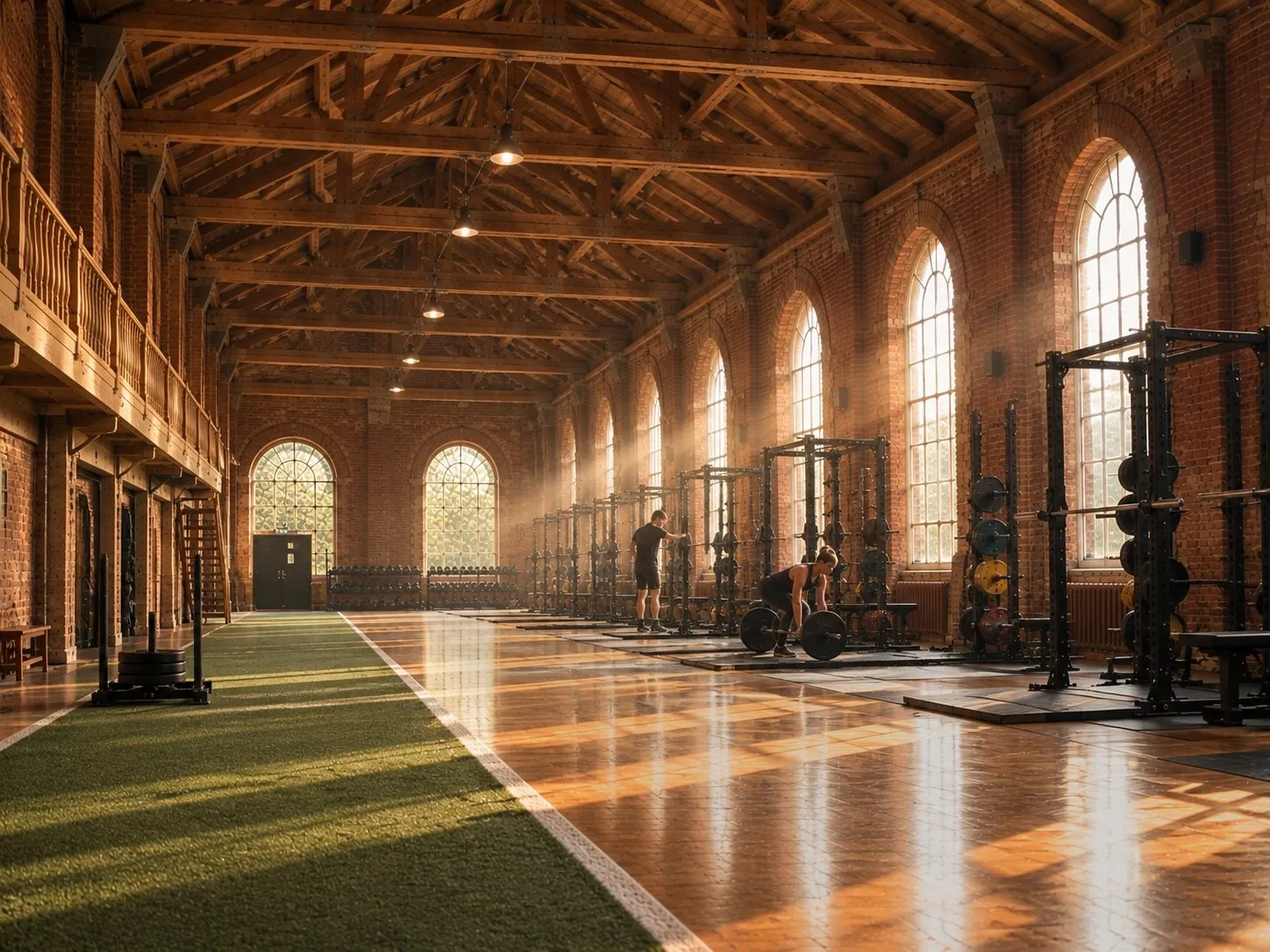 A quiet afternoon of open gym: two members training on separate platforms in the long hall