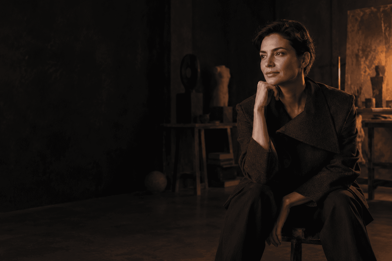 Fictional creative director seated in a copper-lit studio.