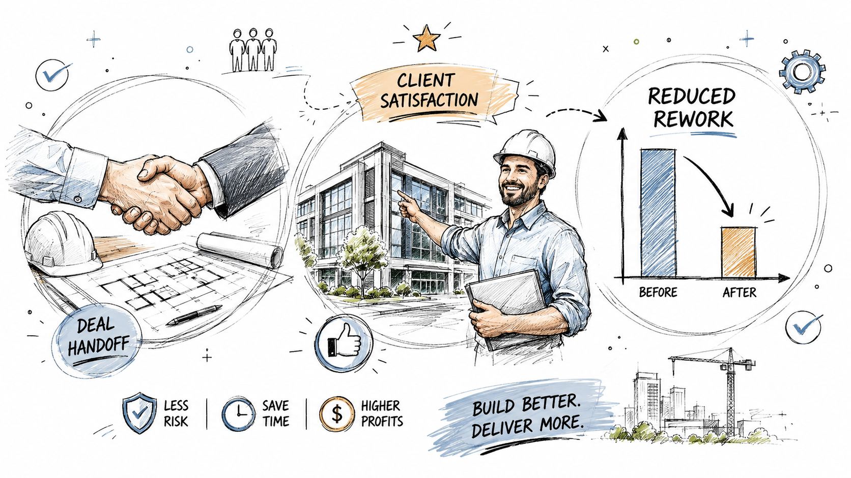 A hand-drawn illustration depicting a construction deal handoff, client satisfaction, and reduced rework for building projects.