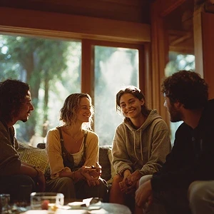 Friends sitting in a sunlit room, sharing stories and memories in a cozy circle.