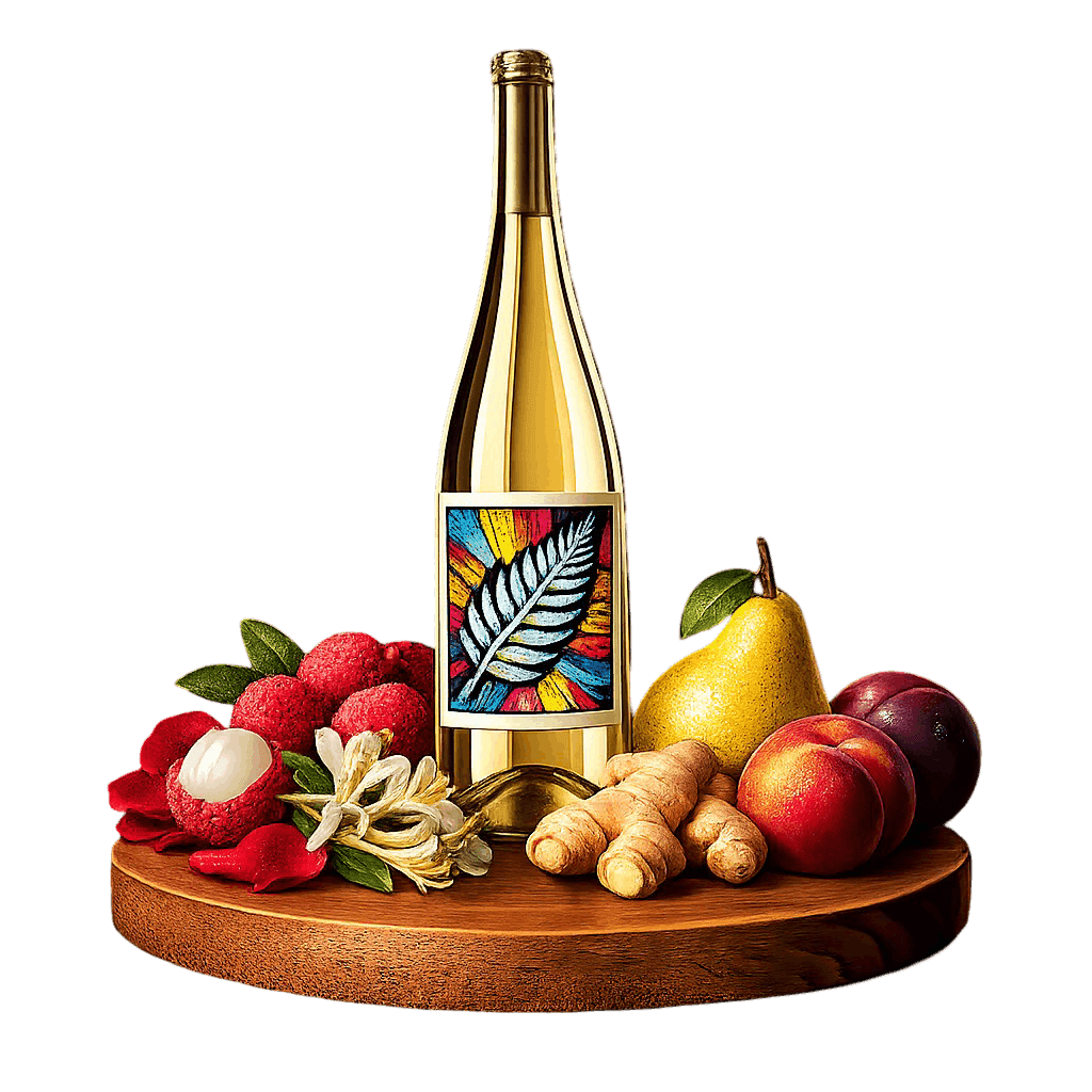 Artistic label and flavor profile for New Zealand Aromatic White on a rustic wooden table.