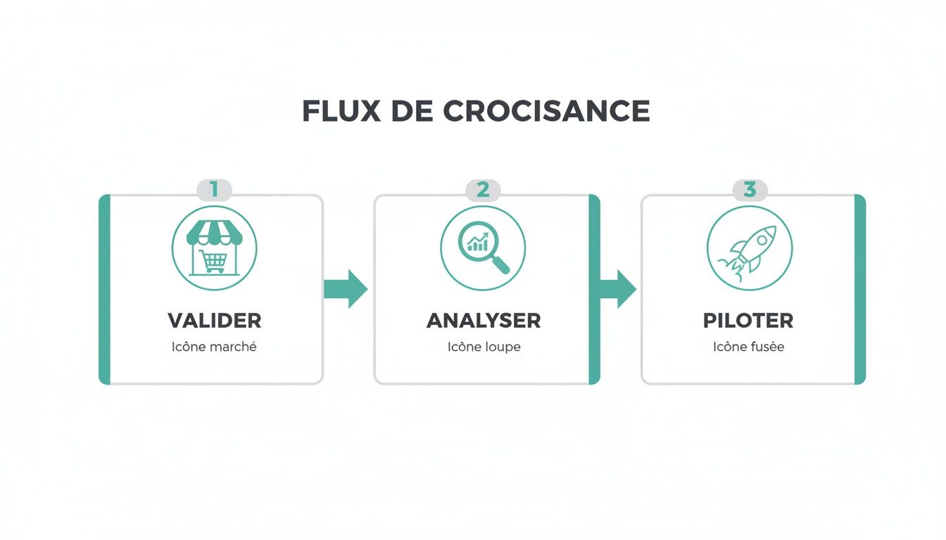 Un diagramme de flux de croissance en trois étapes: Valider (marché), Analyser (loupe), Piloter (fusée).
