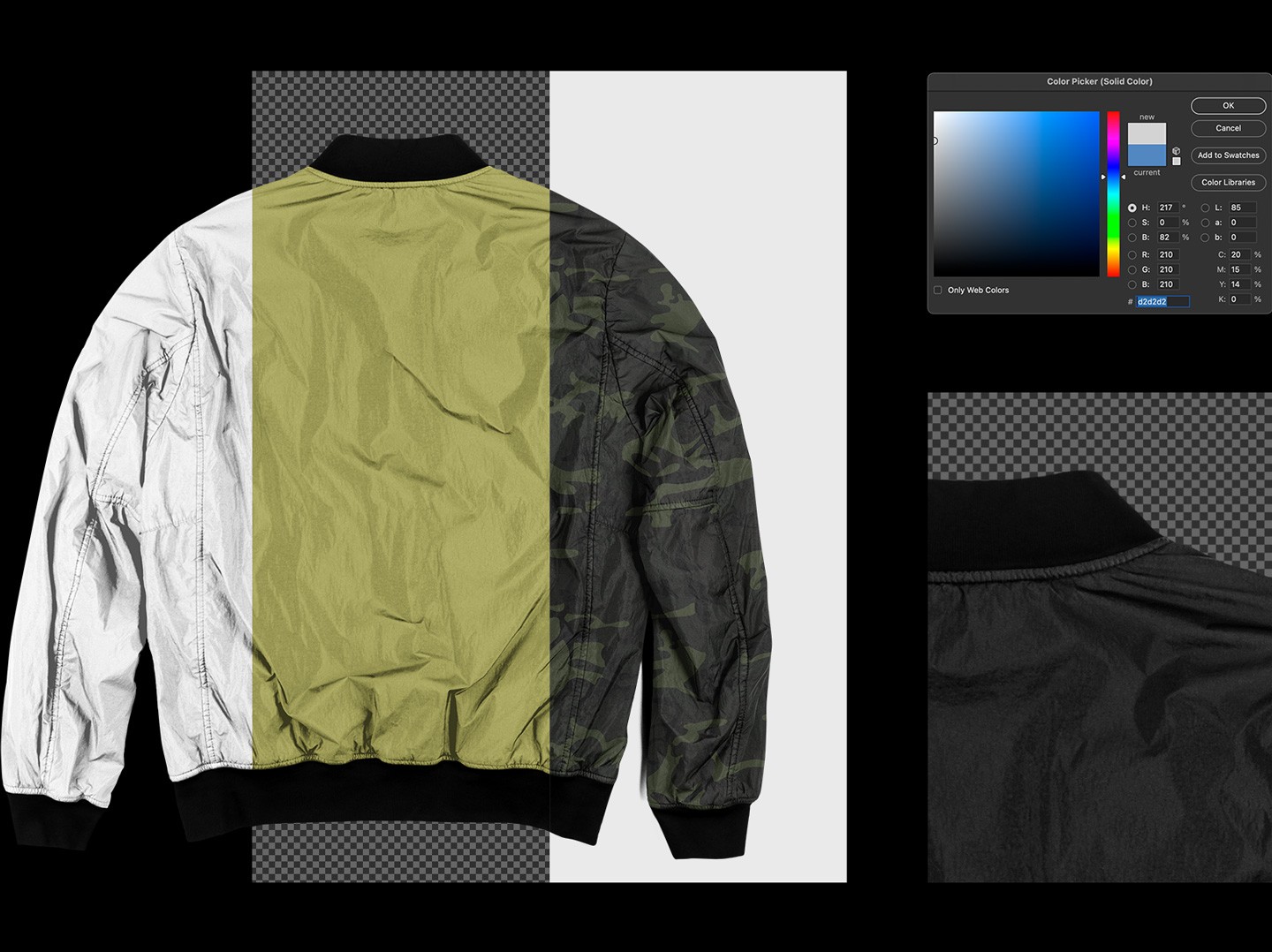 Photoshop workspace showing color customization and camo pattern options for the bomber jacket mockup