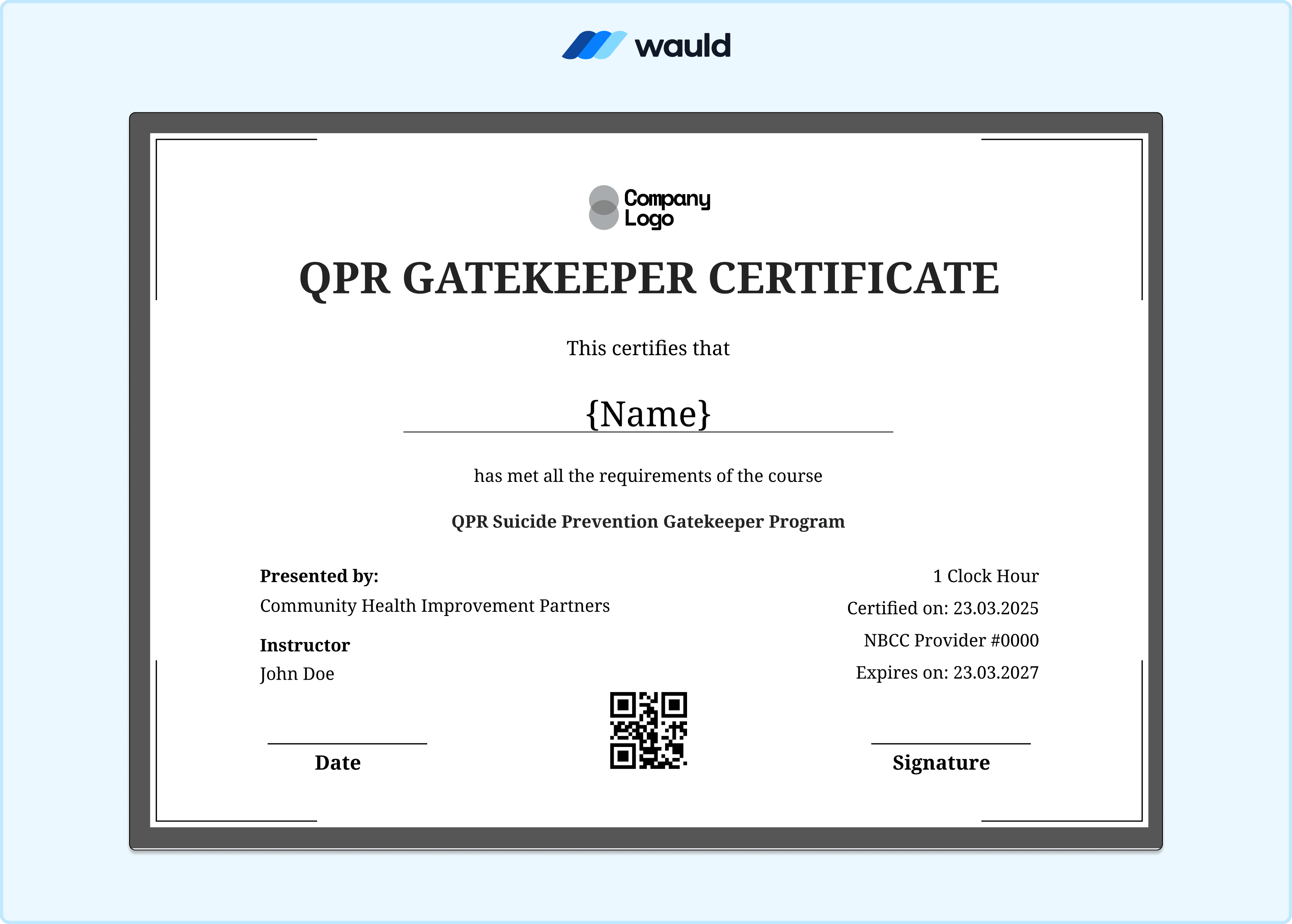 Grey accented QPR Gatekeeper certificate template with clean white layout, recipient name field, instructor details, Community Health Improvement Partners presenter information, certified date, expiry date, NBCC Provider number, and QR code