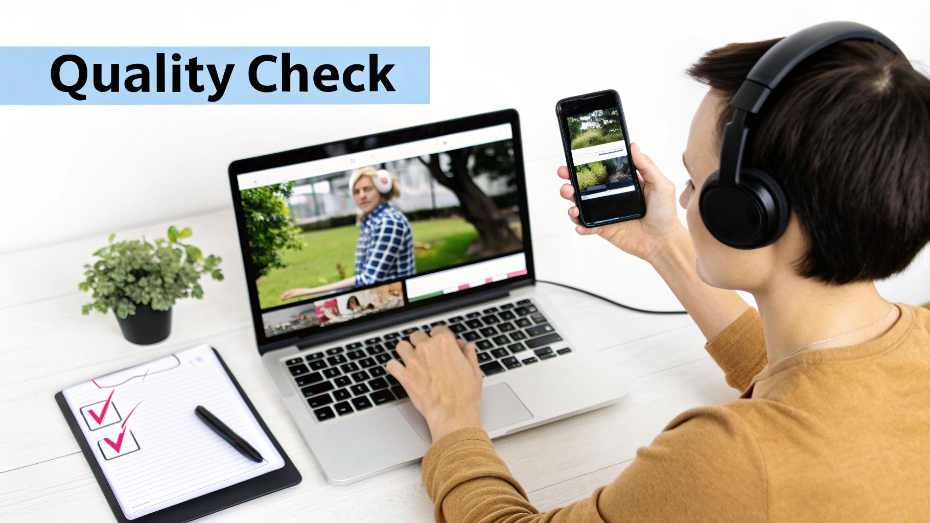 Person with headphones checking video quality on laptop and smartphone with a quality checklist.