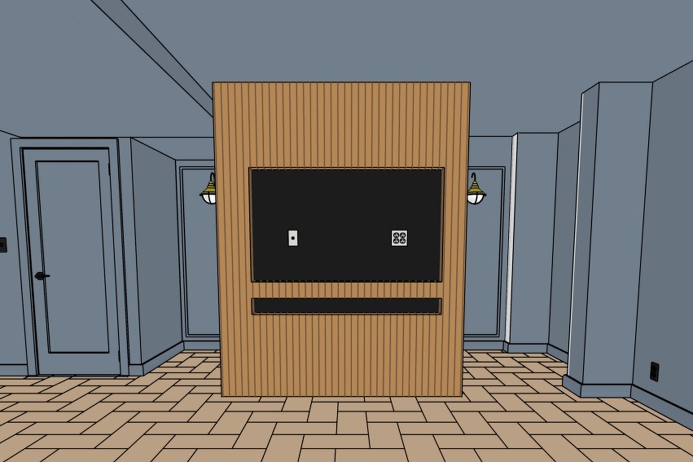 Crestmont basement 3D design view: freestanding slatted media wall with a recessed television