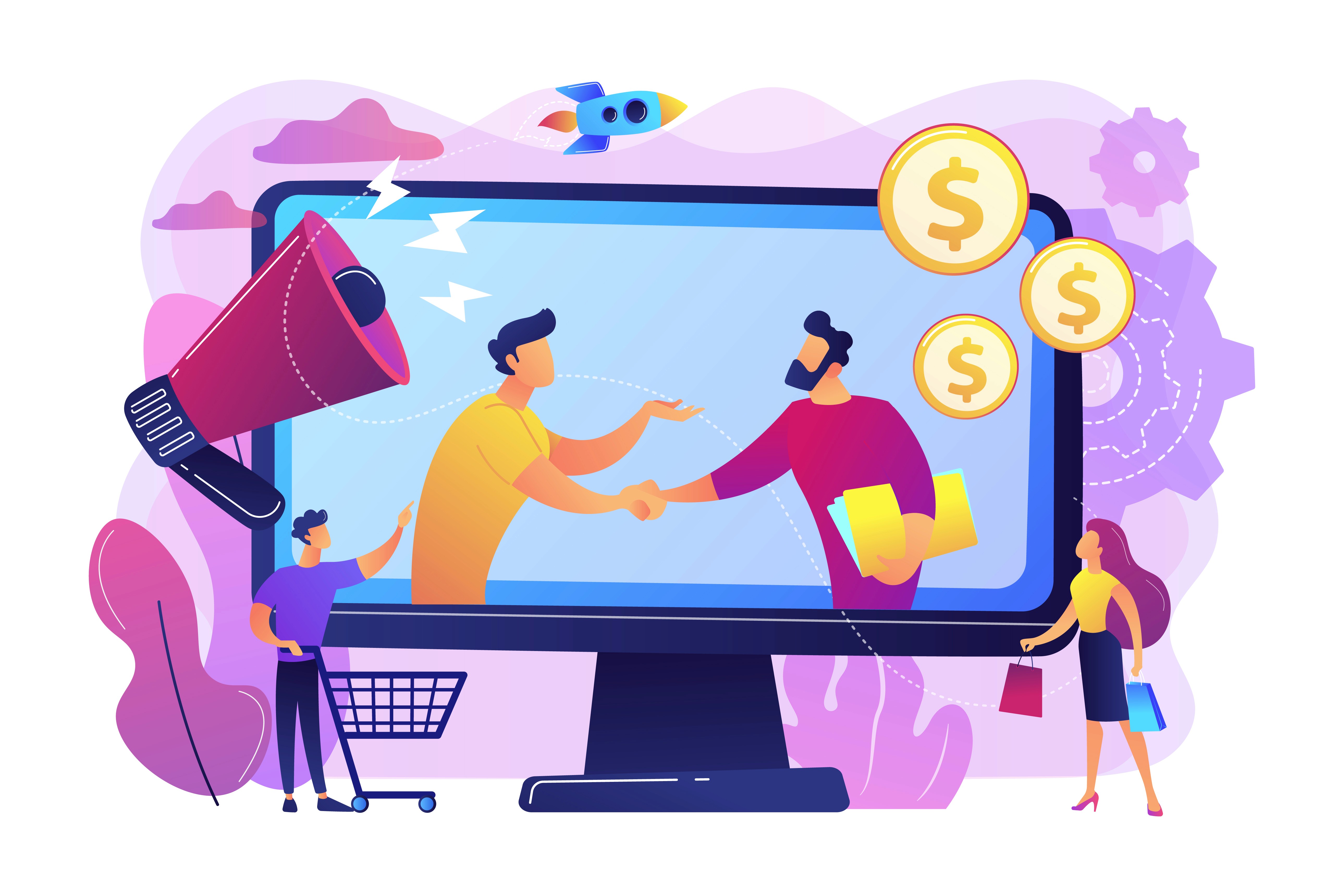 Illustration of brand and creator handshake on screen with shoppers and dollar coins, influencer partnership concept