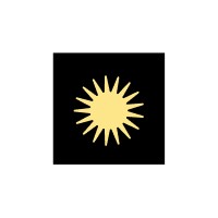 Yellow sun-like icon with rays on a black square background.