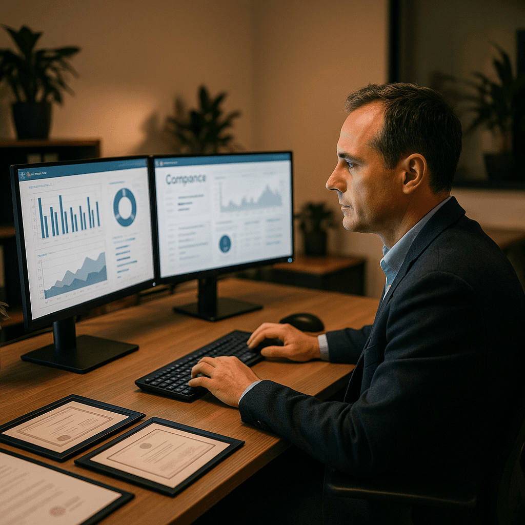 Quality manager checking certification alerts on computer monitors
