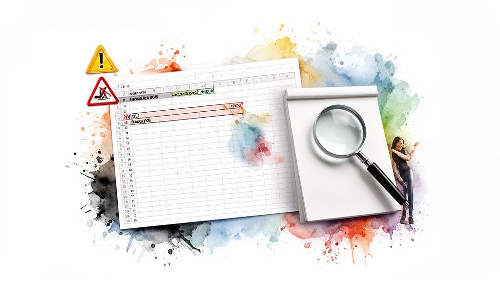 Conceptual image showing data errors, warning signs, and a magnifying glass for problem-solving.