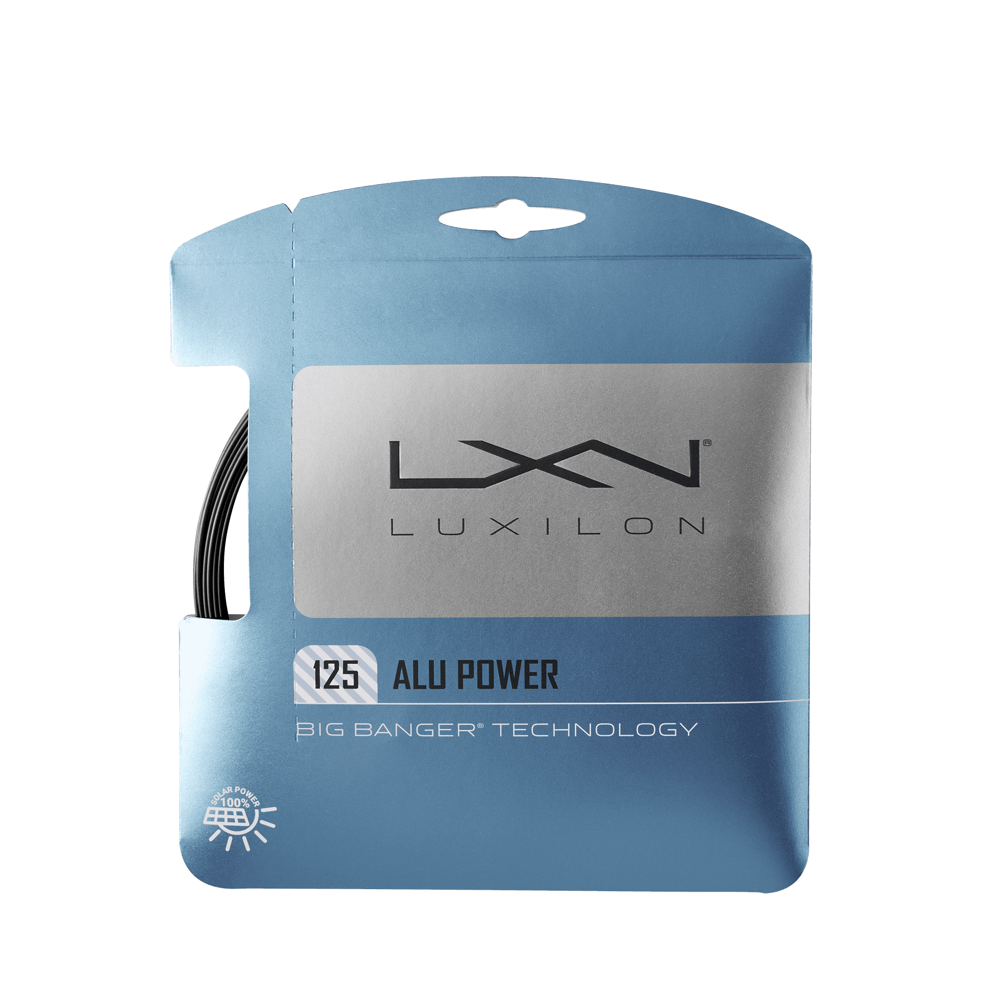 Blue Luxilon ALU Power 125 package with black string visible at the side