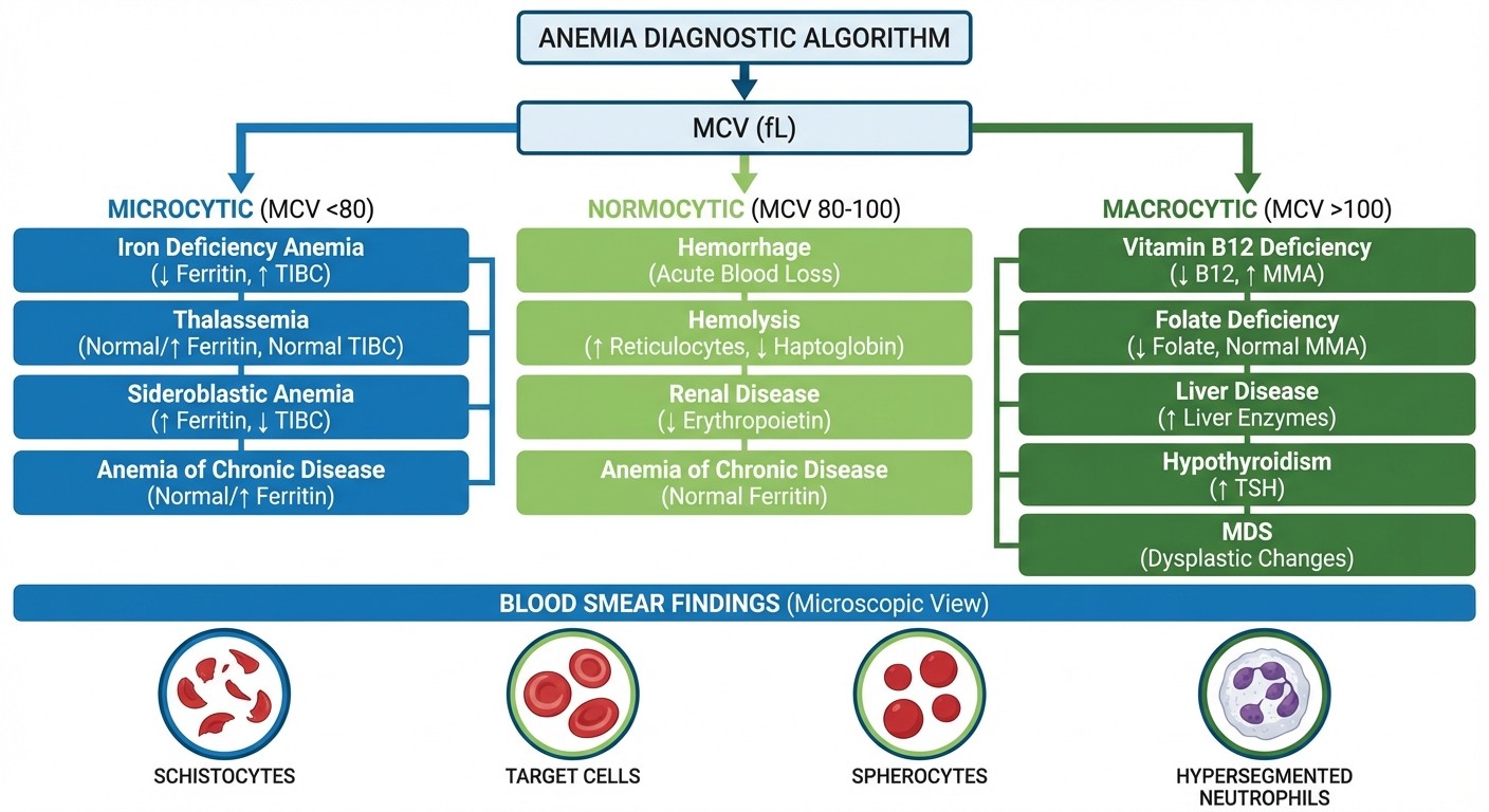USMLE Step 2 CK anemia diagnostic algorithm with MCV classification and blood smear findings