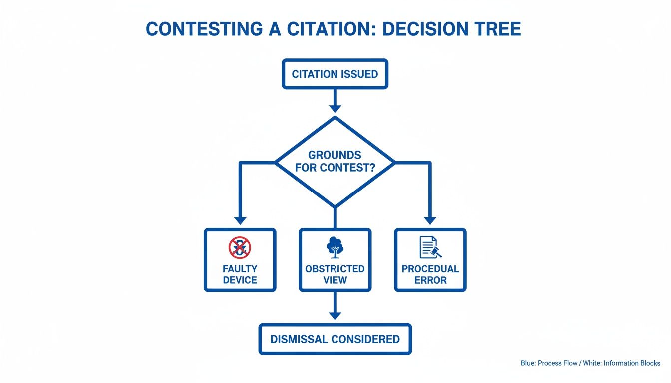 A decision tree flowchart outlining steps and grounds for contesting a citation.