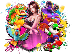 Android and iOS support, female character surrounded by various animal figures, symbolizing smooth gaming across platforms