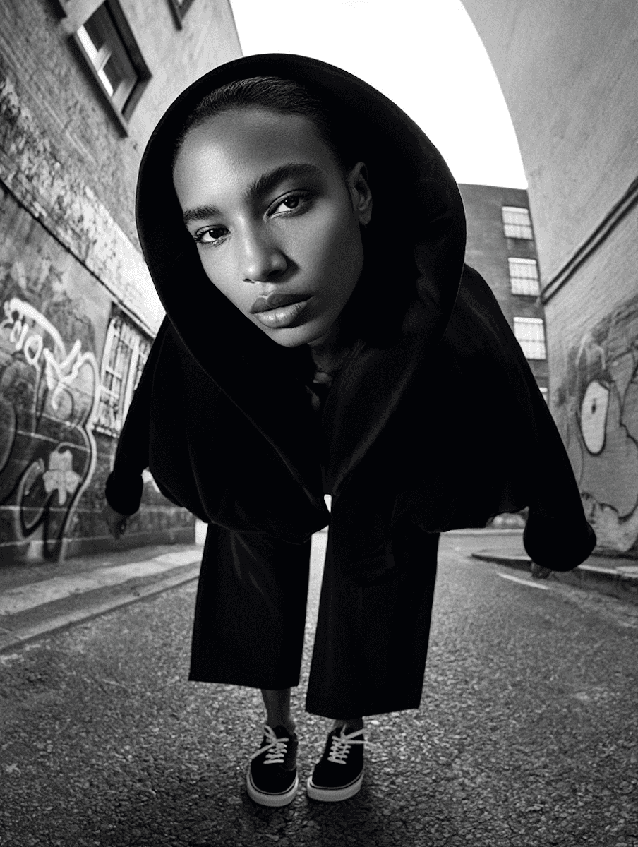 Stylish black-and-white urban portrait of a person in a hooded outfit, leaning forward with graffiti walls in the background.