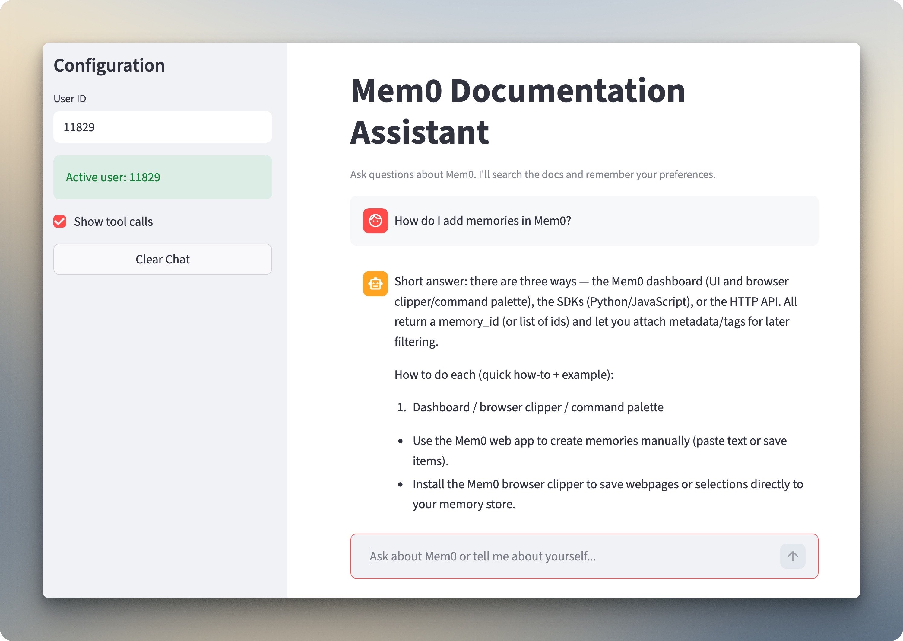 Title: Mem0 chatbot answering a technical question about adding memories, showing the search_docs tool being called and returning documentation - Description: Mem0 chatbot answering a technical question about adding memories, showing the search_docs tool being called and returning documentation