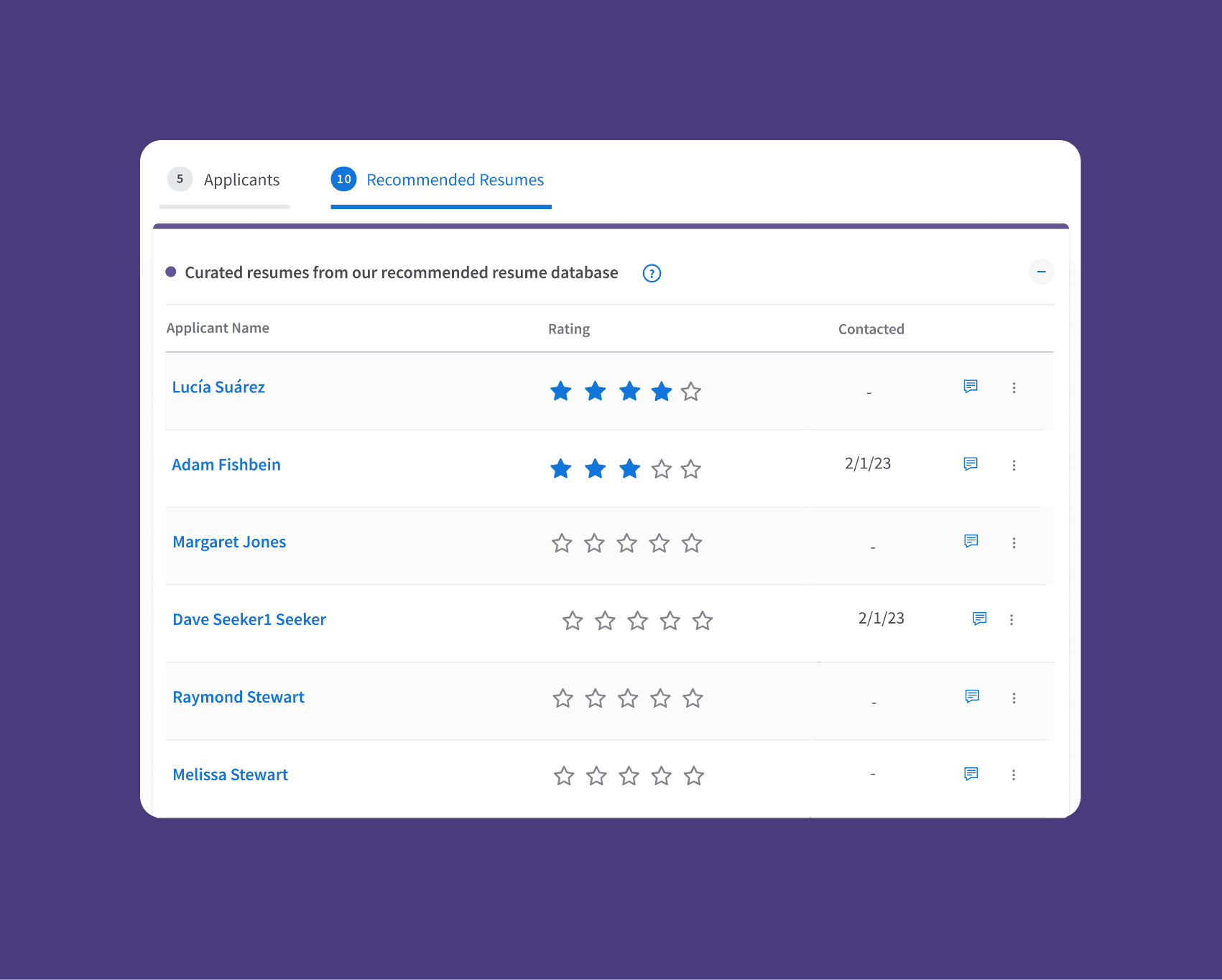 Table displaying data with columns for name, type, and status on a purple background.