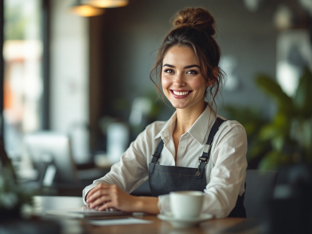 A woman smiling at the camera while sitting at a table in a cafe