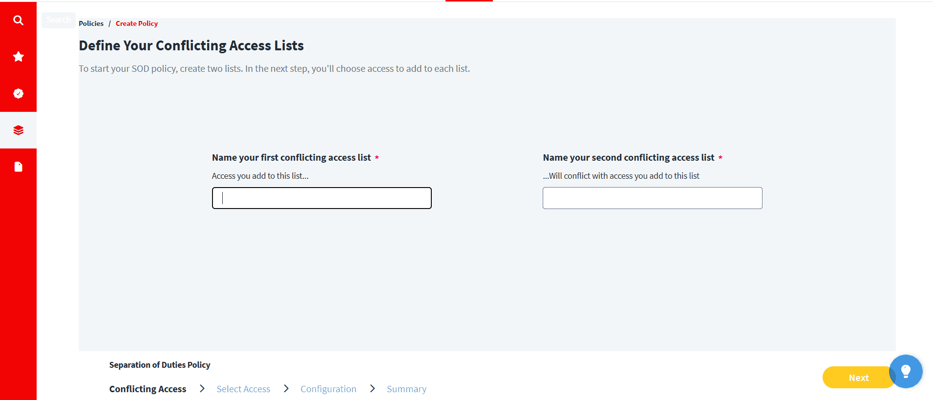 Interface for defining conflicting access lists in a Separation of Duties (SOD) policy configuration