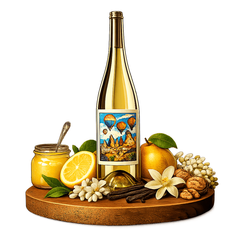 Artistic label and flavor profile for Anatolia Narince on a rustic wooden table.