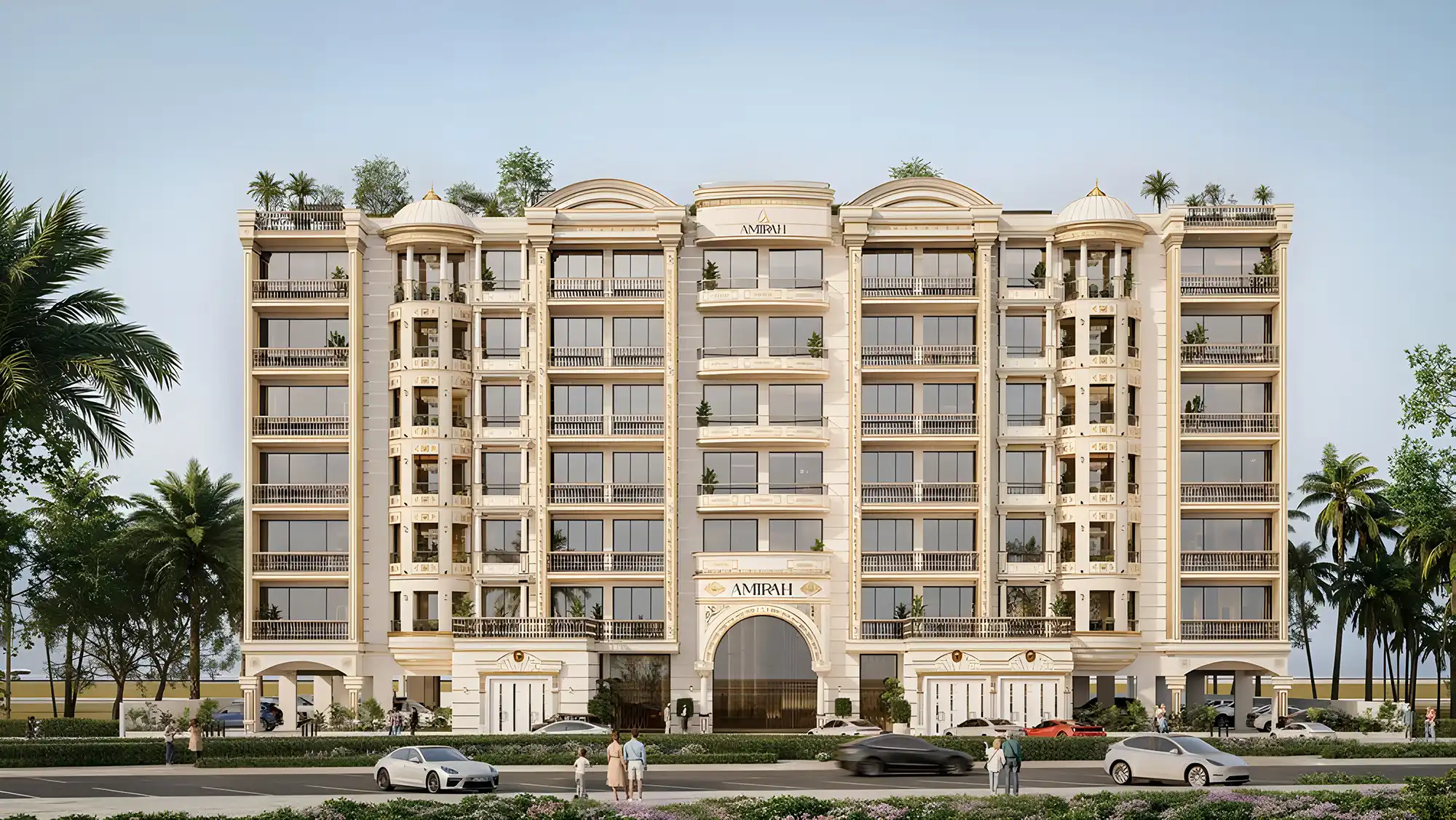 An artist's rendering of the Crown Palace, a large and elegant hotel with intricate architectural details.