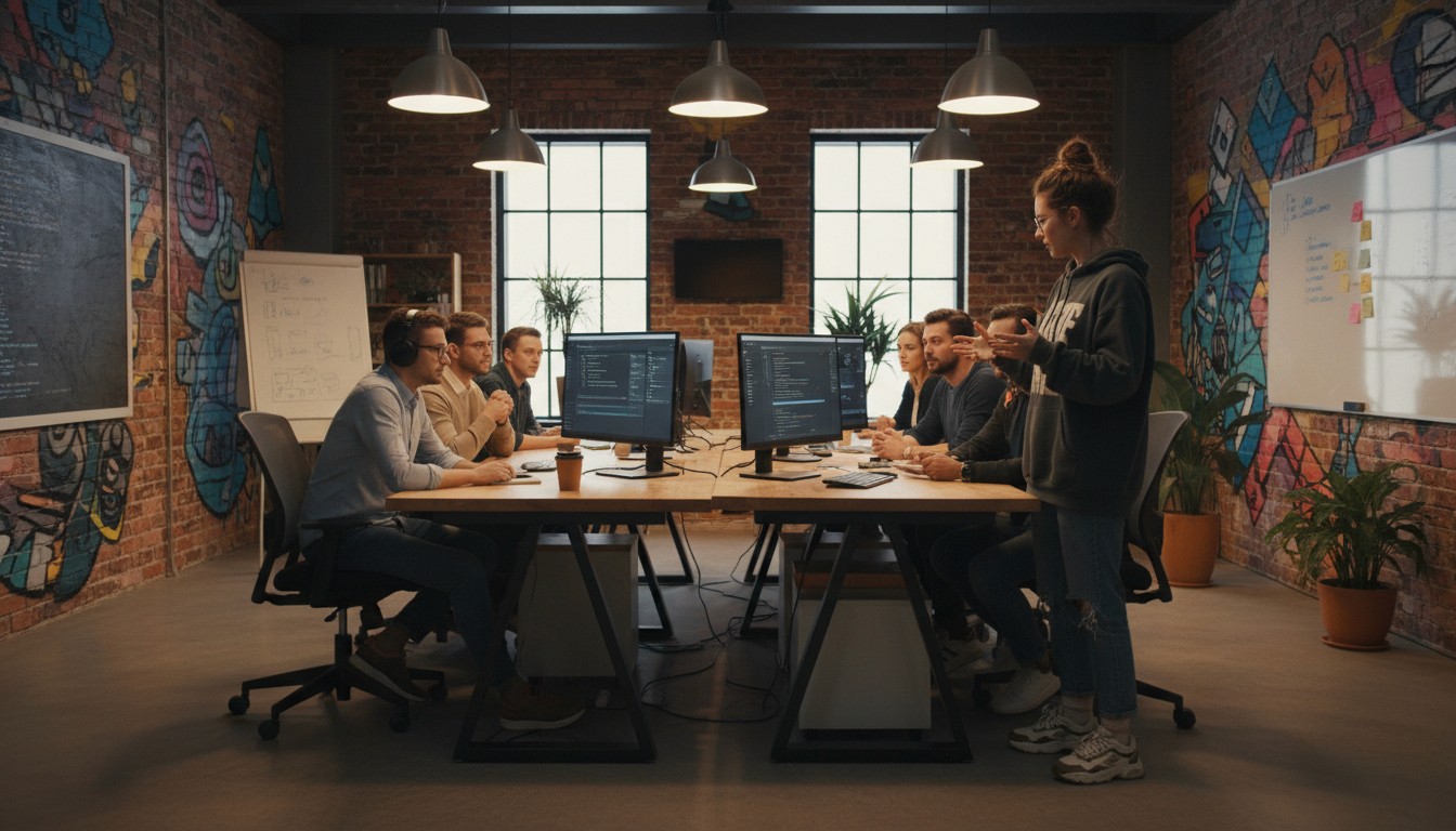 A group of people engaged in discussion around a conference table in a well-lit office setting.