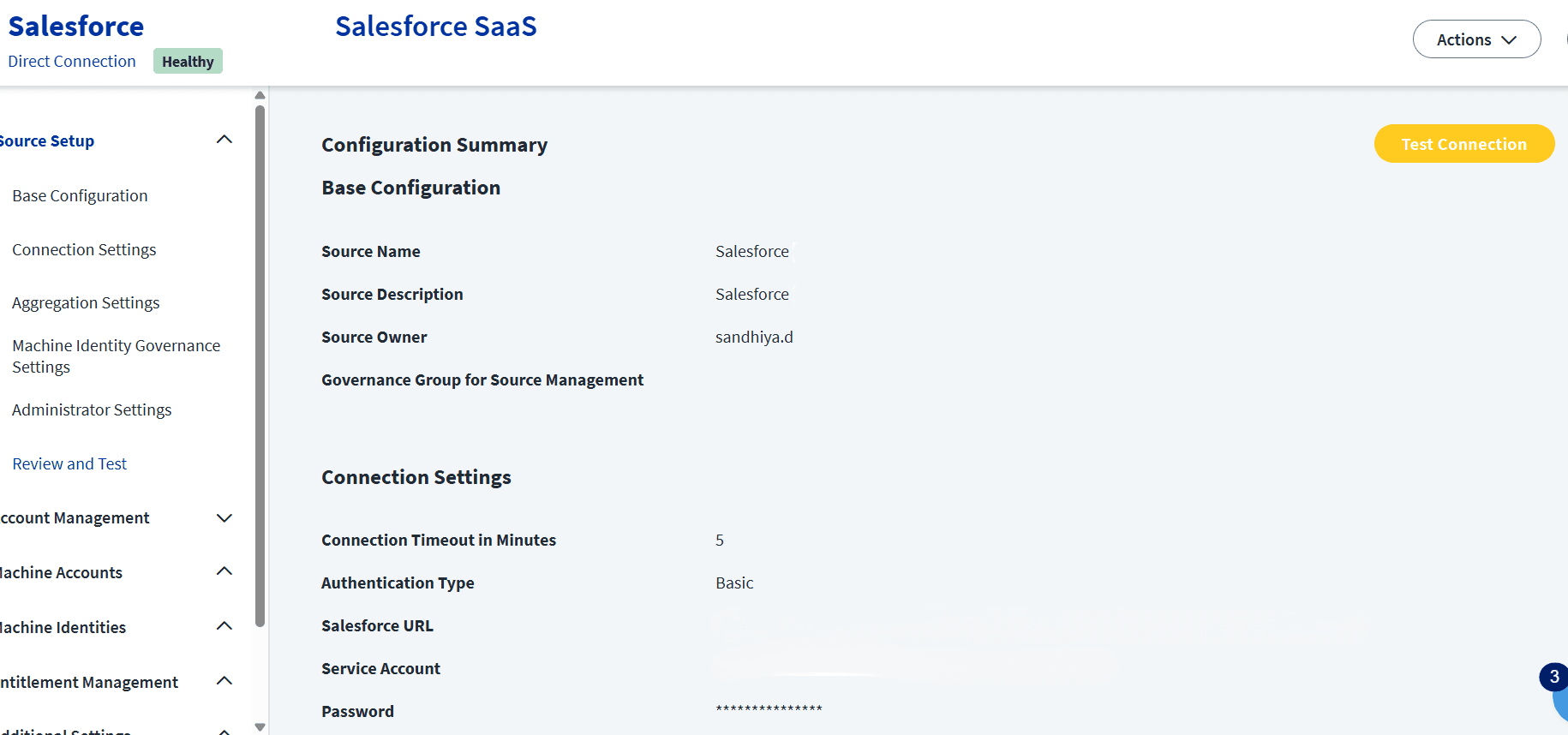SailPoint ISC Review and Test interface showing the Configuration Summary for a Salesforce SaaS source setup with a Test Connection button.