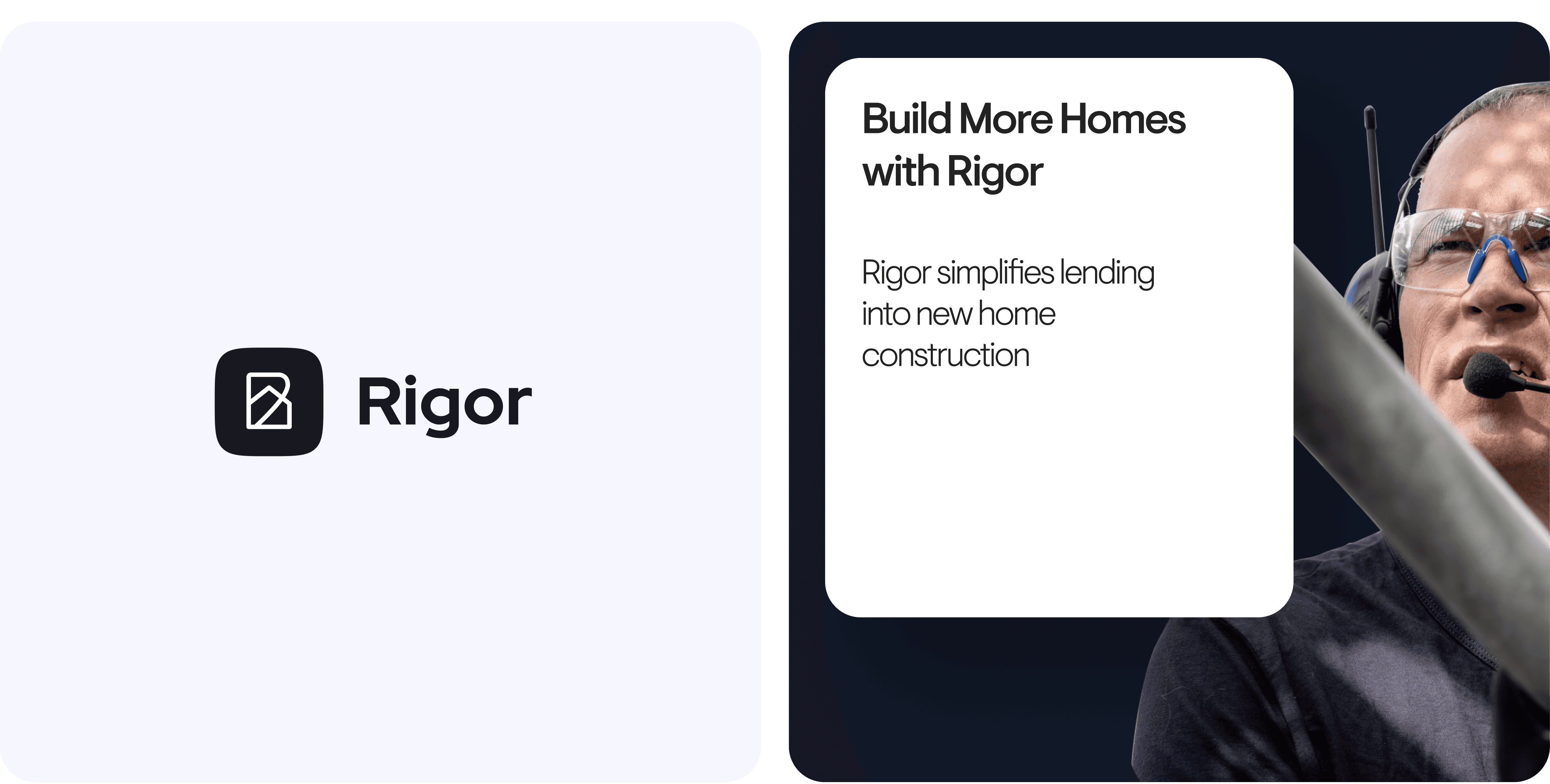 Logo on the left; on the right, text about a feature or service with a person wearing glasses in the background.