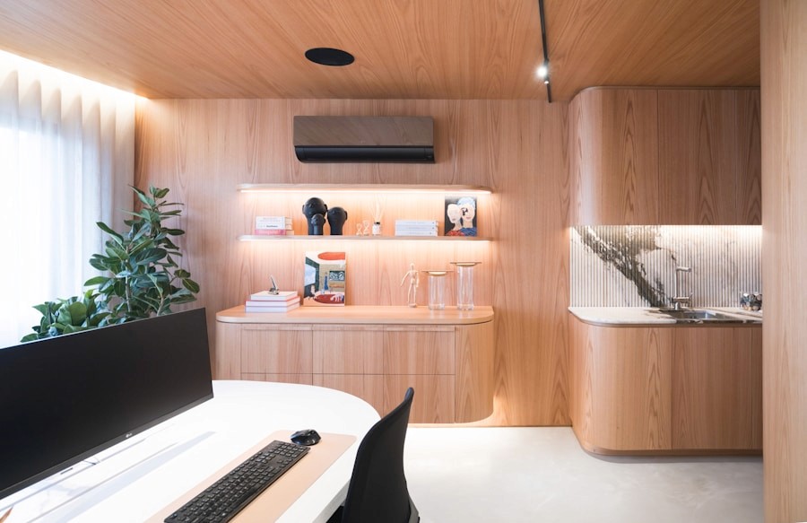Office with wood paneling