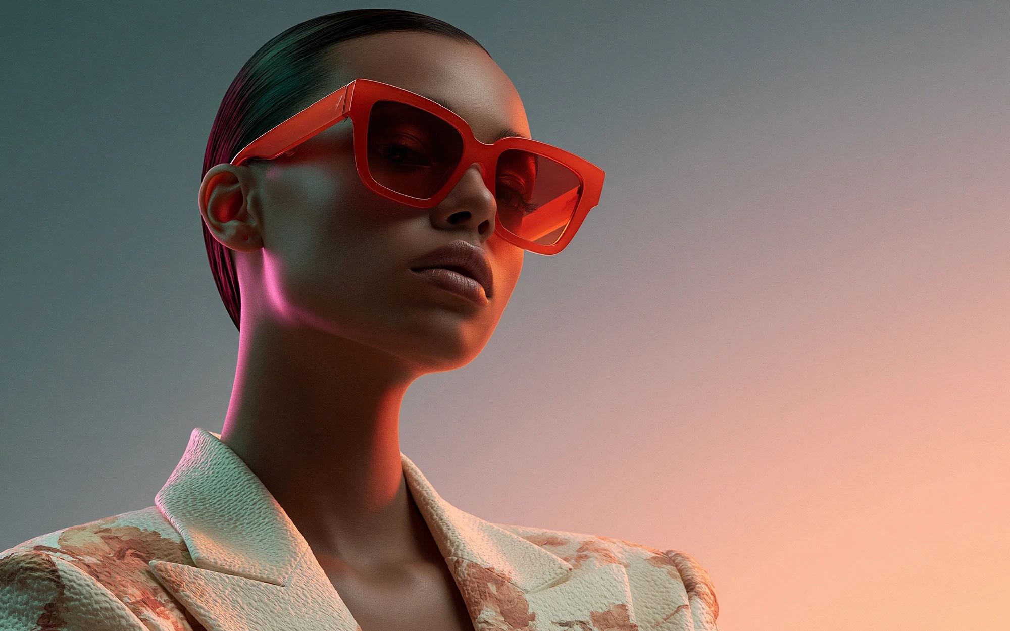 Profile view of a person with slicked hair wearing bold orange sunglasses and a patterned blazer against a gradient background.