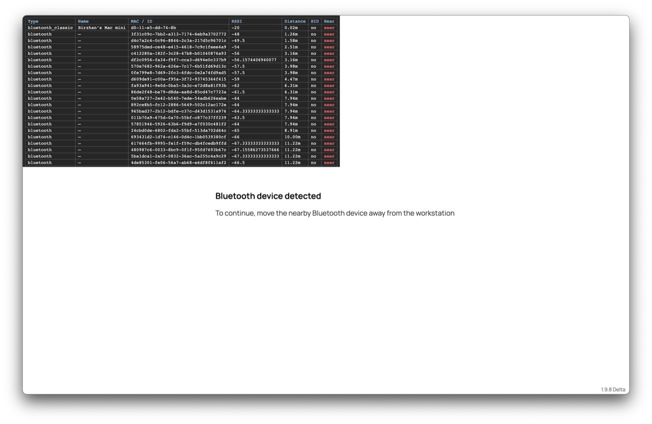 TrustExam example combining the technical table of detected Bluetooth devices and the participant-facing device alert.
