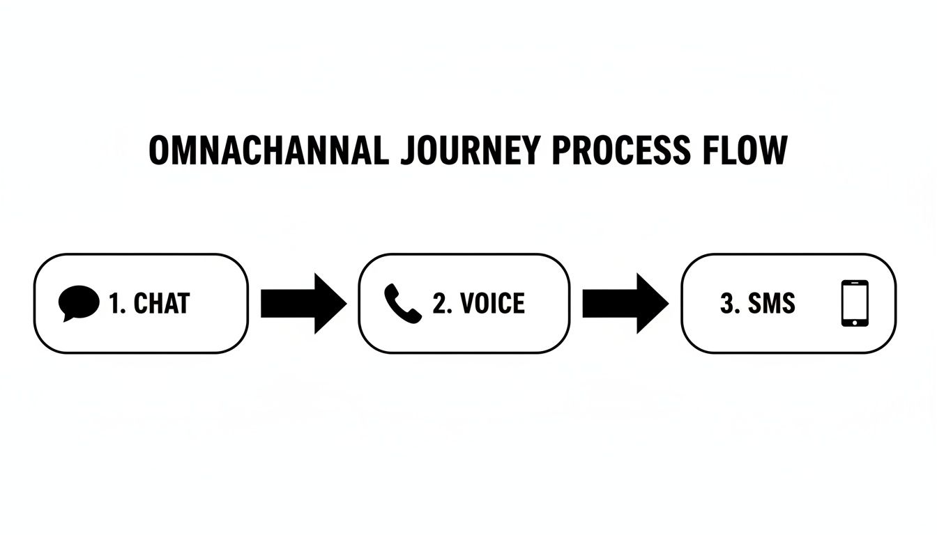 Omnichannel journey process flow demonstrating customer communication progression from chat, to voice, then SMS.