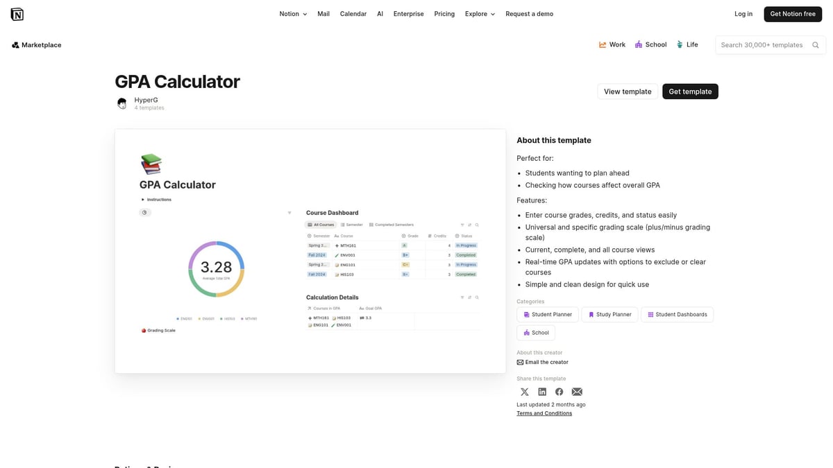7 Best Notion Student Dashboard Ideas for 2025 - GPA Calculator by HyperG