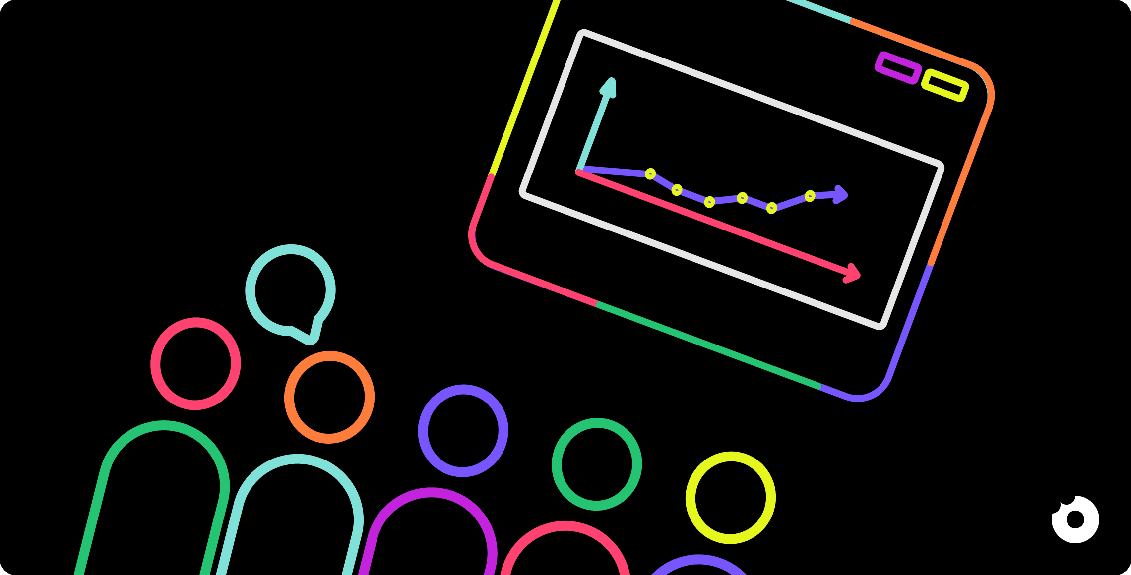 Abstract illustration of a team reviewing a performance chart on a screen, representing data-driven discussion and insights