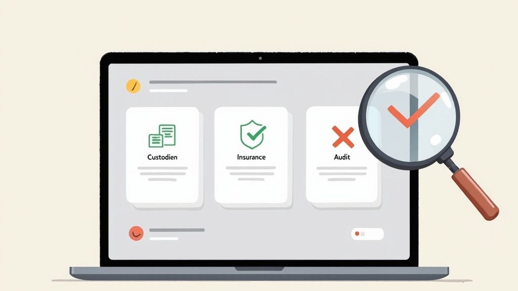 Digital asset security concept on a laptop screen showing custody, insurance, and audit statuses, magnified by a checkmark.
